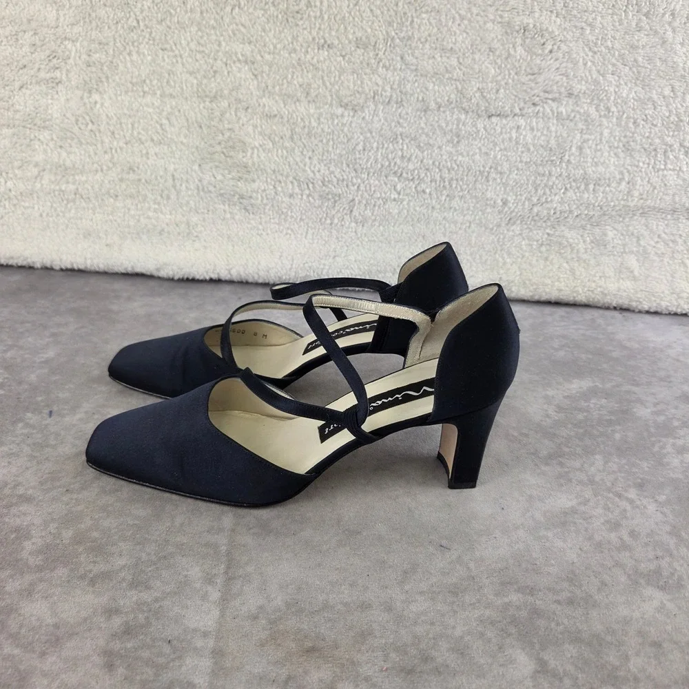 Nina Comfort Navy Blue Satin Square Toe Crisscross Strap Heels Size 8M Spain